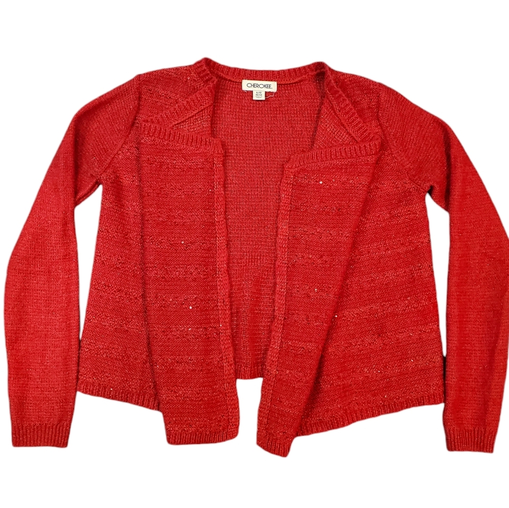 Cherokee Red Sequined Cropped Cardigan Open Front Long Sleeve Size Large 10/12